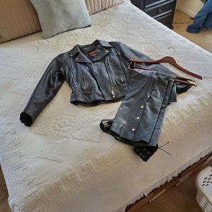 Black Leather Jacket and Chaps Set